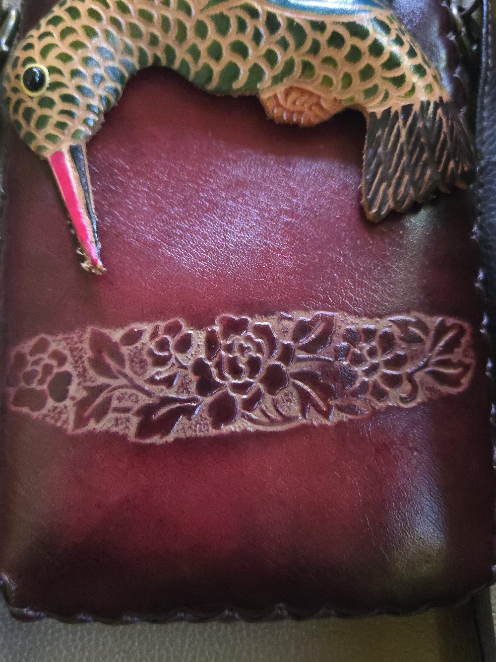 Handmade Burgundy Leather Crossbody Bag with Colorful Hummingbird Accent - Picture 3 of 7